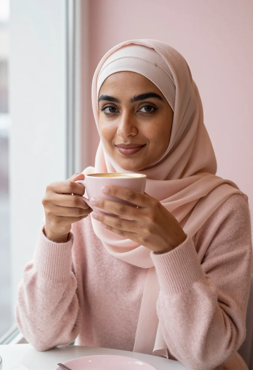 AI hijab dating profile blush sample — portrait of a woman, framed tight, head and shoulders, the b