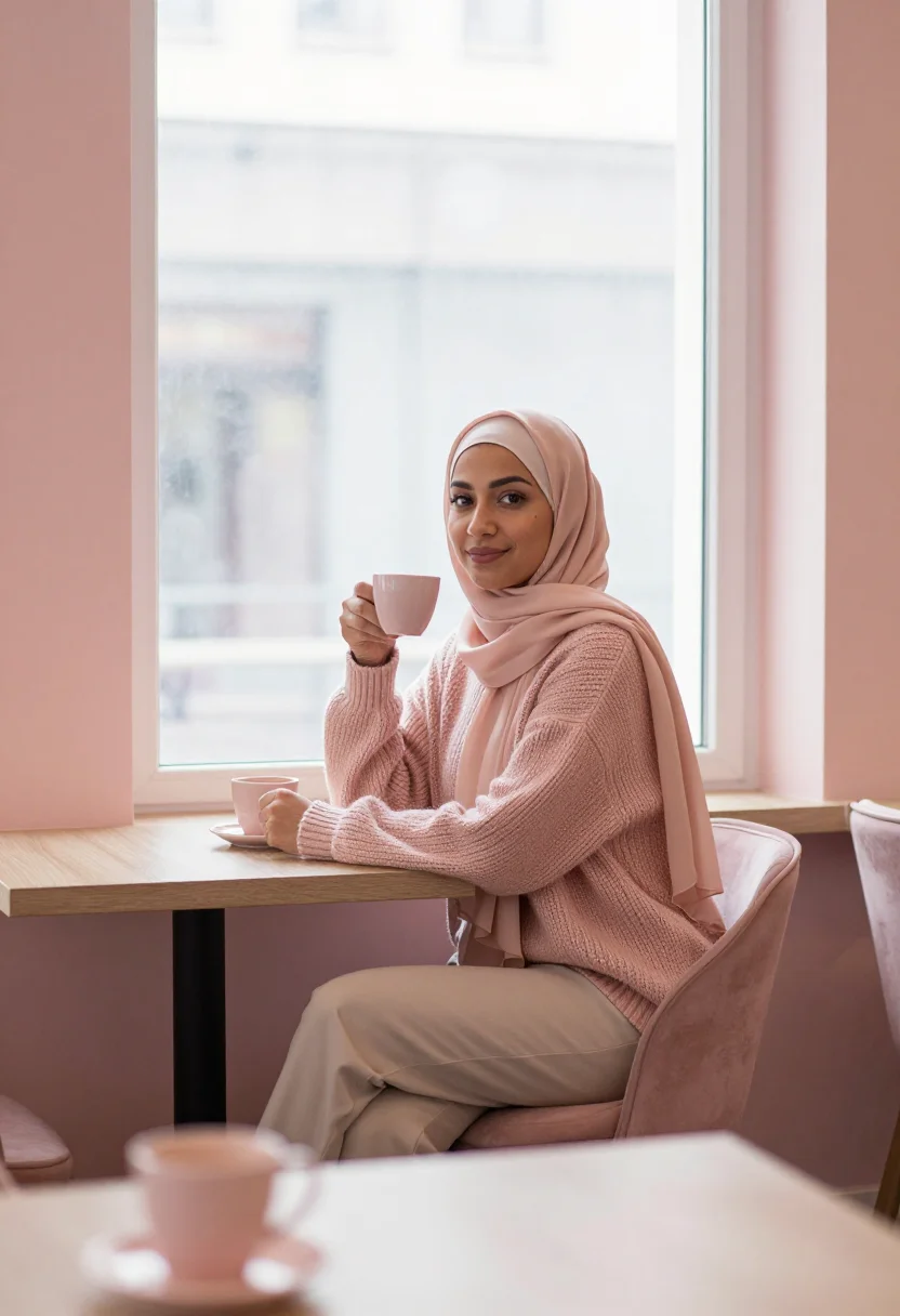 AI hijab dating profile blush sample — portrait of a woman, framed wide from across the room, the f