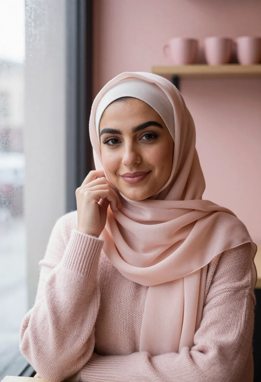 AI hijab dating profile blush sample — portrait of a woman, framed chest-up, cropped at the ribs, t