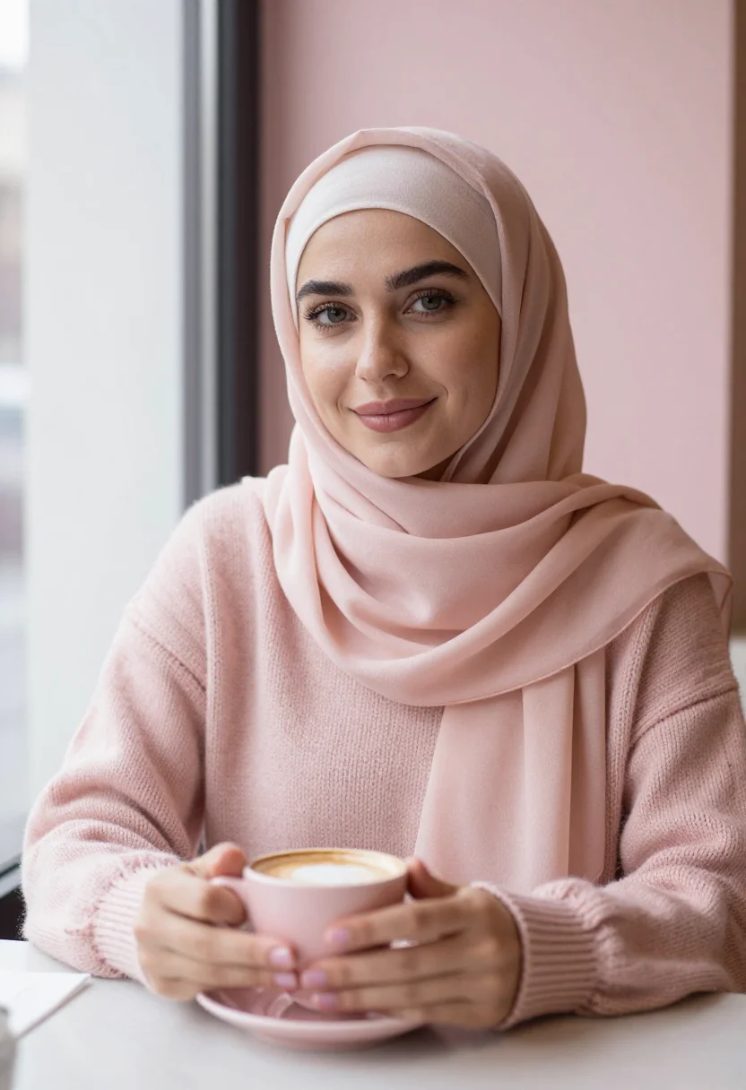 AI hijab dating profile blush sample — portrait of a woman, framed chest-up, cropped at the ribs, t