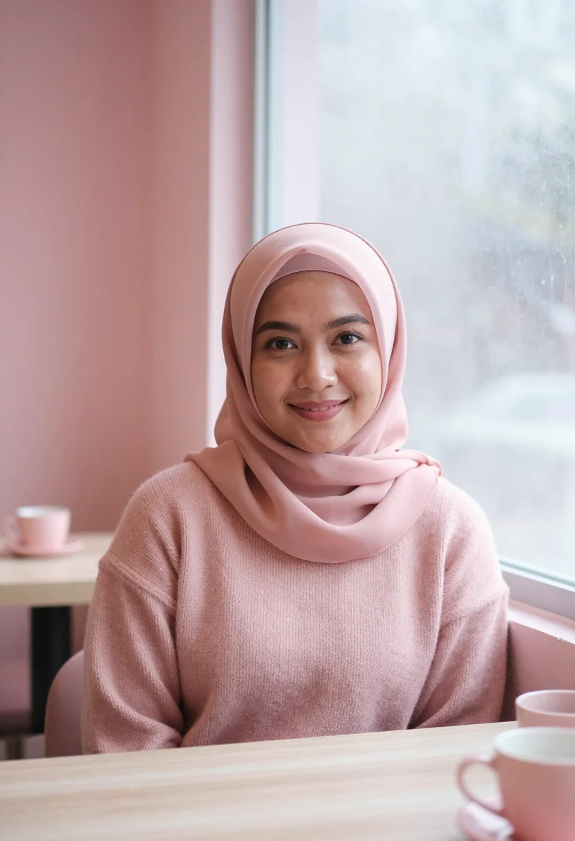 AI hijab dating profile blush sample — portrait of a woman, framed tight, head and shoulders, the b