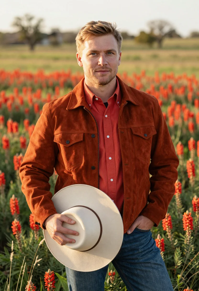 AI hill country rancher indian paintbrush sample — portrait of a man, in his early thirties, with fair skin, gr