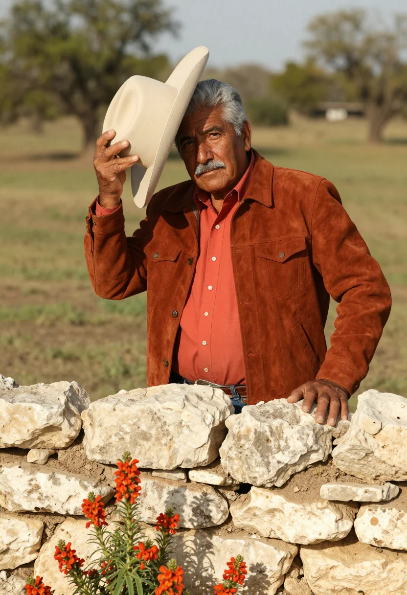 AI hill country rancher indian paintbrush sample — portrait of a man, Tejano, in his sixties, with sun-darkened