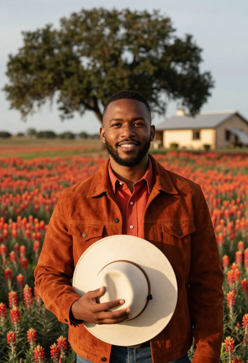 AI hill country rancher indian paintbrush sample — portrait of a man, Black, in his late twenties, with deep br