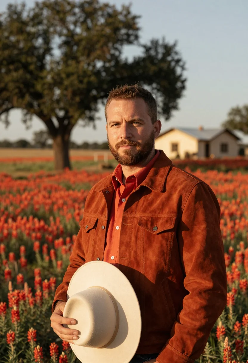 AI hill country rancher indian paintbrush sample — portrait of a man, in his forties, with tanned fair skin, ha