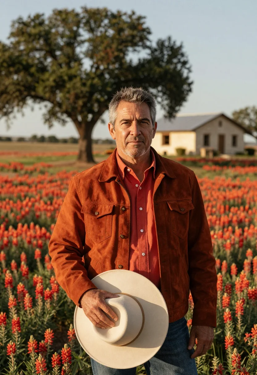 AI hill country rancher indian paintbrush sample — portrait of a man, in his fifties, with weathered olive skin