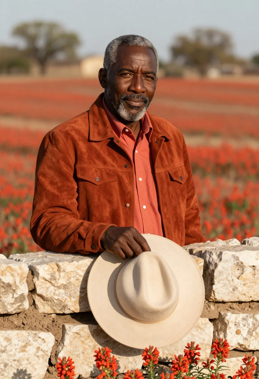 AI hill country rancher indian paintbrush sample — portrait of a man, African-American, in his fifties, with de