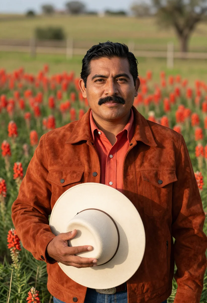 AI hill country rancher indian paintbrush sample — portrait of a man, Mexican-American, in his forties, with wa