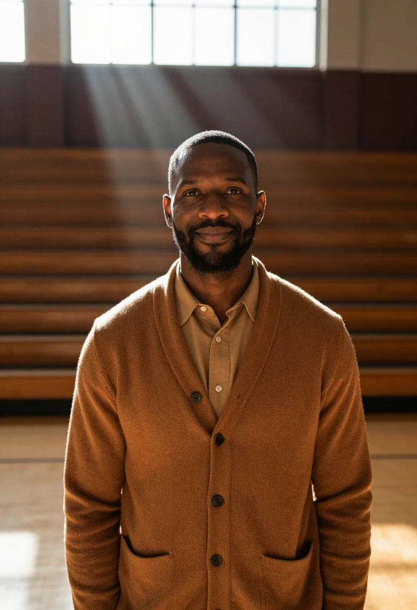 AI hinkle fieldhouse basketball coach maple sample — portrait of a man, an African-American man in his forties wi