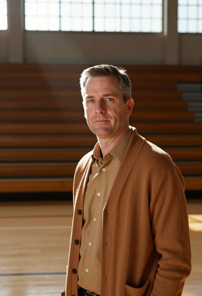 AI hinkle fieldhouse basketball coach maple sample — portrait of a man, a man in his fifties with fair skin, blue