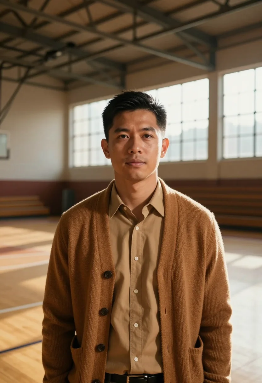 AI hinkle fieldhouse basketball coach maple sample — portrait of a man, a Filipino-American man in his thirties w
