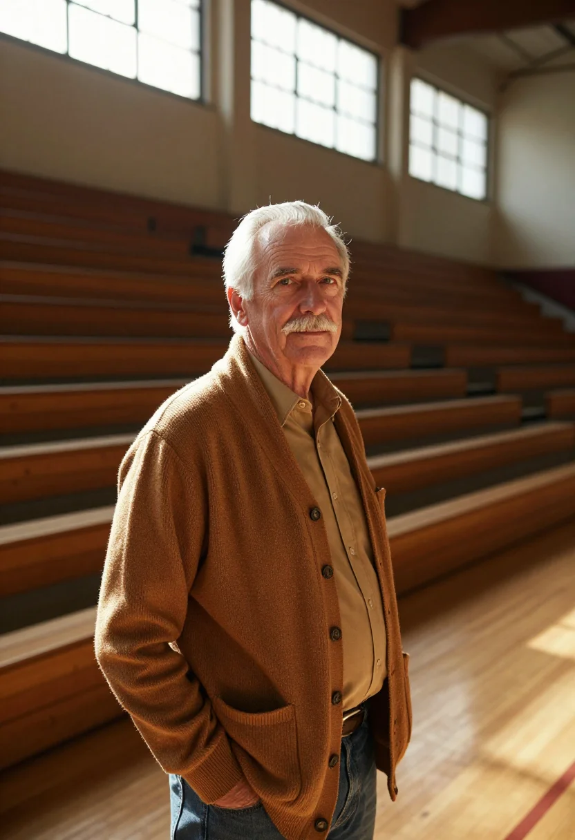 AI hinkle fieldhouse basketball coach maple sample — portrait of a man, a man in his sixties with weathered fair