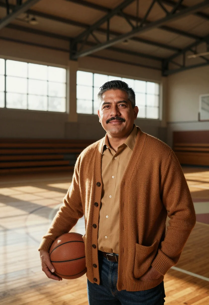AI hinkle fieldhouse basketball coach maple sample — portrait of a man, a Mexican-American man in his forties wit