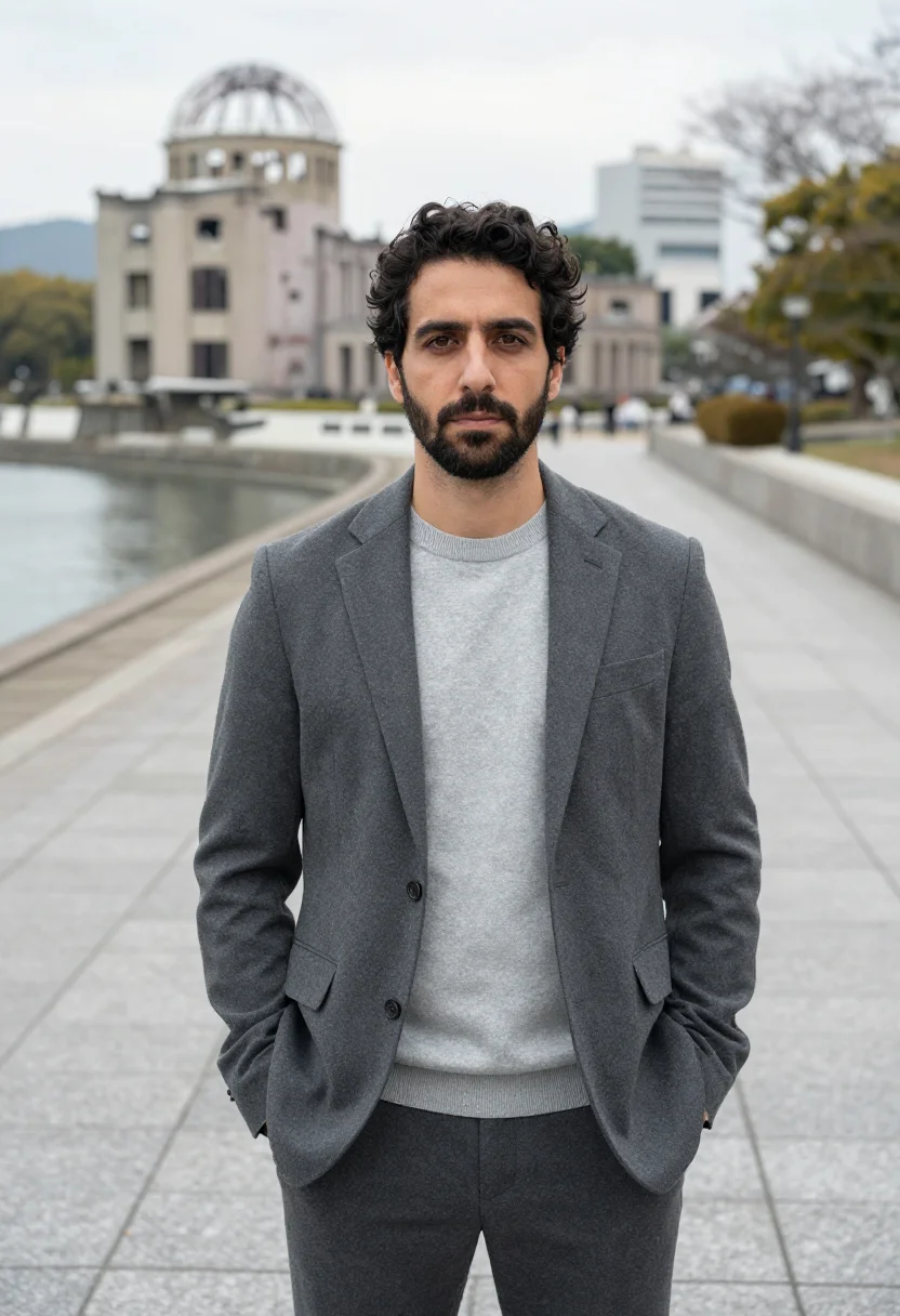 AI hiroshima architect concrete grey sample — portrait of a man, a Spanish architect in his late thirties