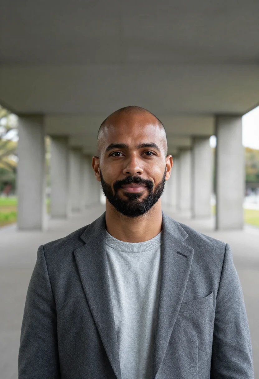 AI hiroshima architect concrete grey sample — portrait of a man, a Brazilian architect in his forties with