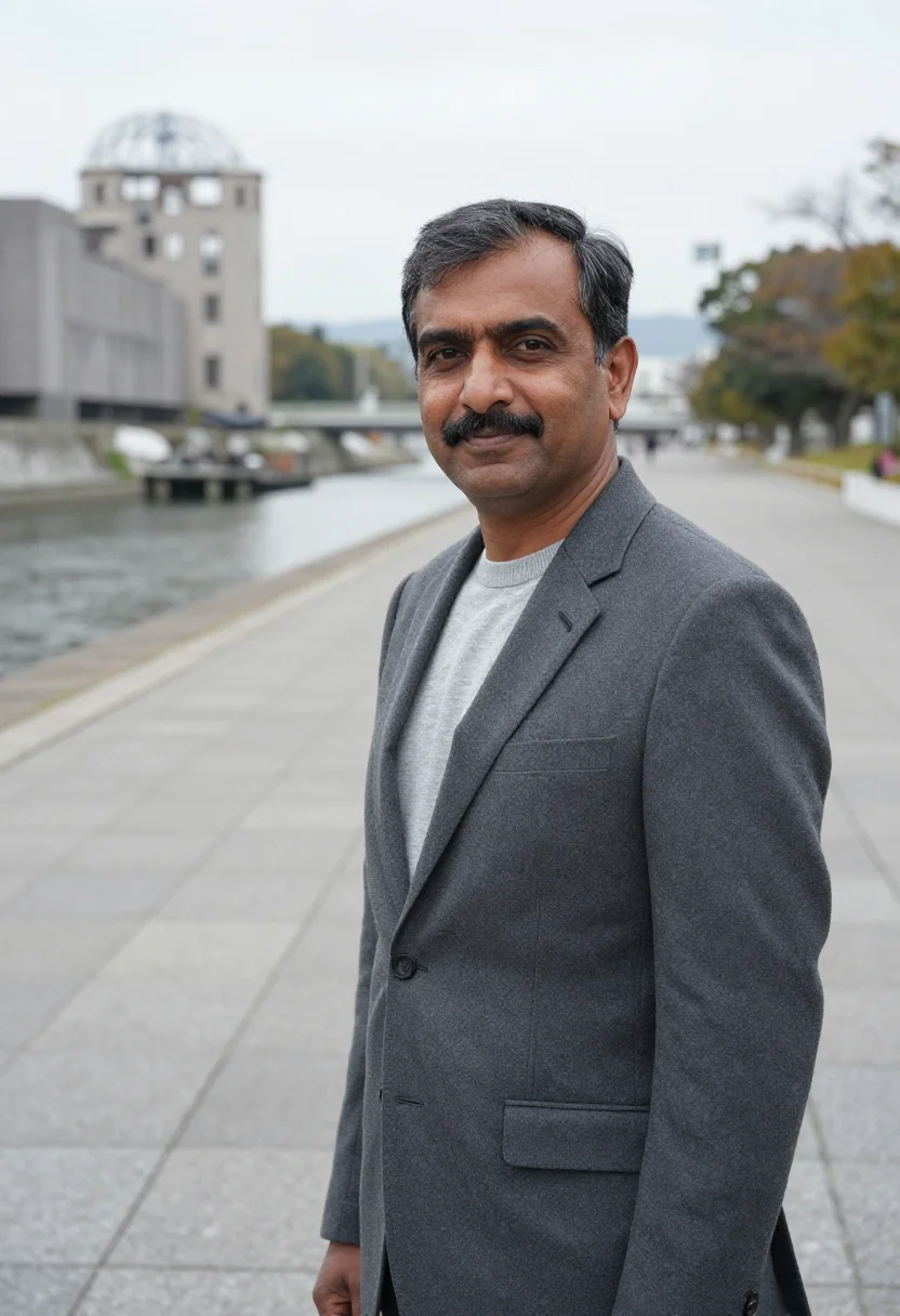 AI hiroshima architect concrete grey sample — portrait of a man, an Indian architect in his fifties with w