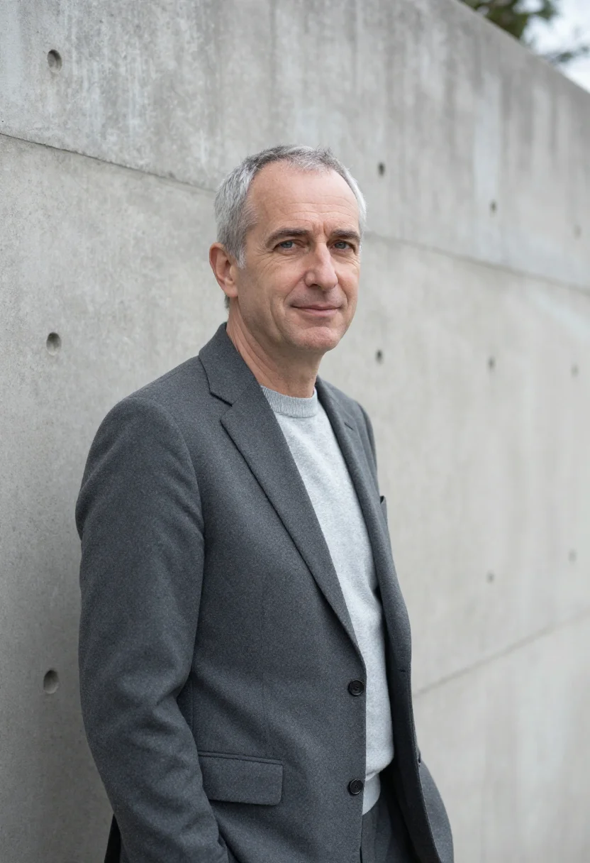 AI hiroshima architect concrete grey sample — portrait of a man, a French architect in his fifties with fa