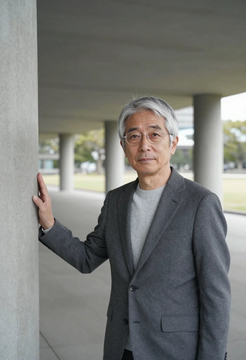 AI hiroshima architect concrete grey sample — portrait of a man, a Japanese architect in his sixties with