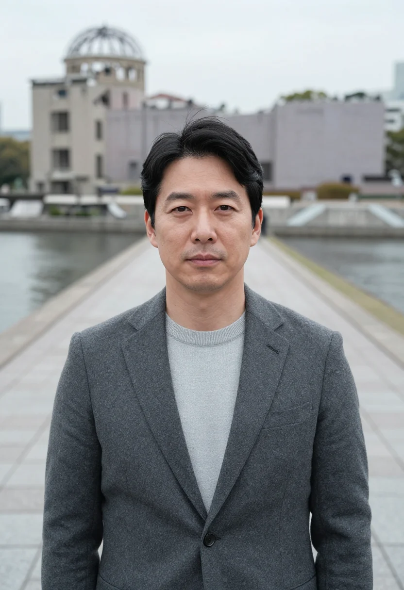 AI hiroshima architect concrete grey sample — portrait of a man, a Korean architect in his forties with wa