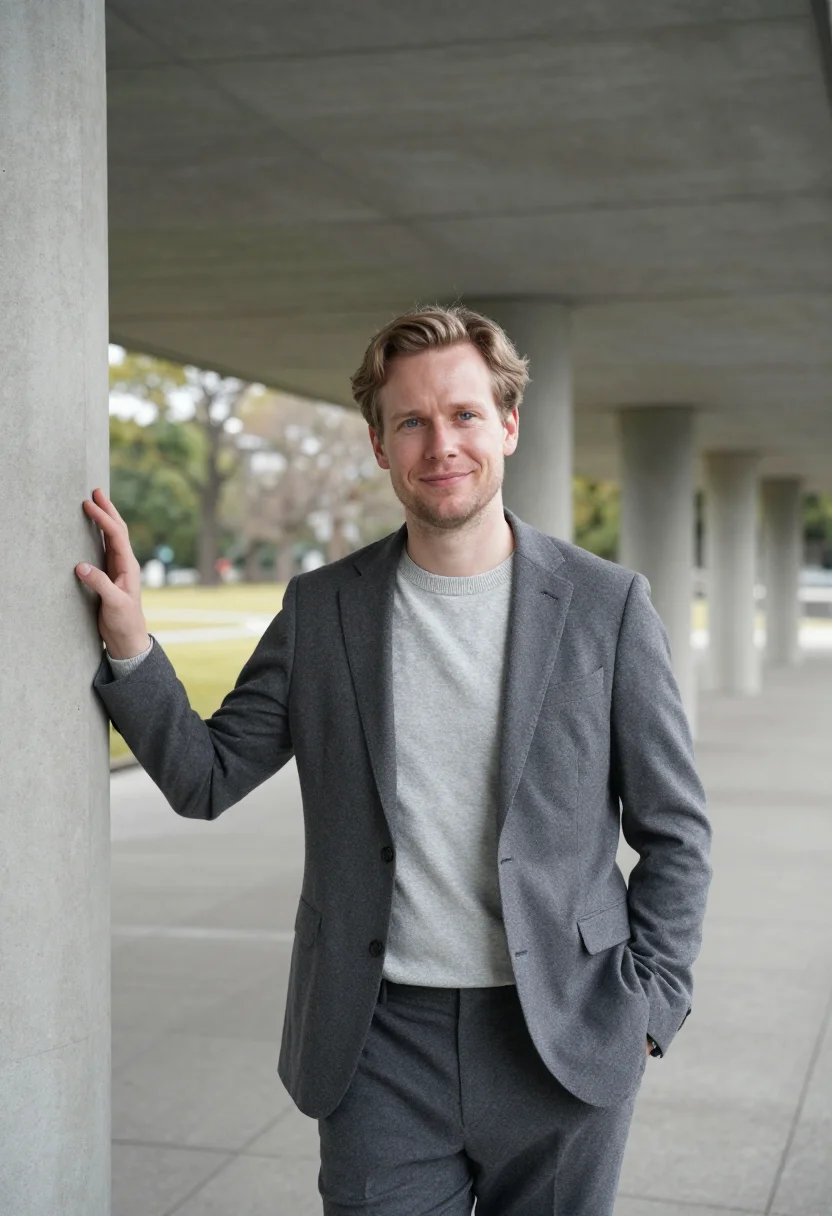 AI hiroshima architect concrete grey sample — portrait of a man, a Dutch architect in his mid-thirties wit