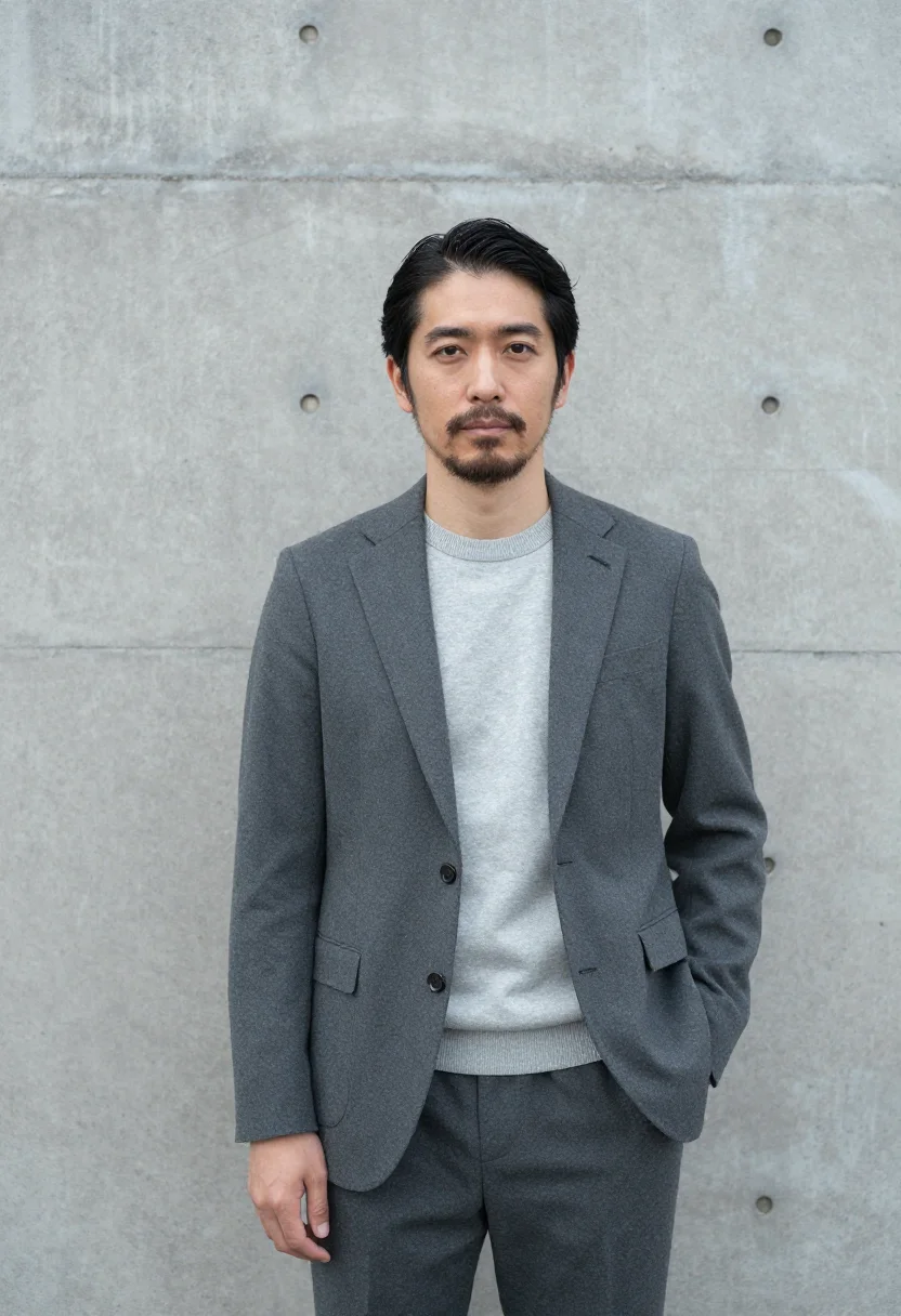 AI hiroshima architect concrete grey sample — portrait of a man, a Japanese architect in his late thirties