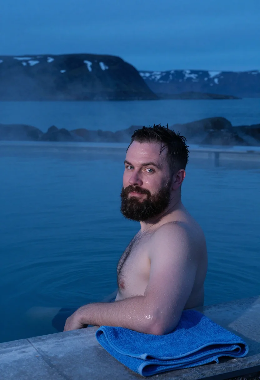 AI hofsos pool january fjord blue sample — portrait of a man, framed chest-up, cropped at the ribs, the
