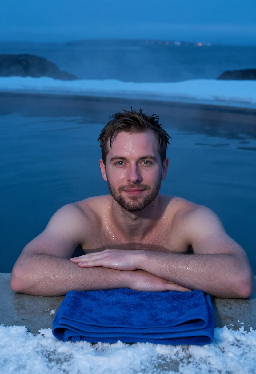 AI hofsos pool january fjord blue sample — portrait of a man, framed chest-up, cropped at the ribs, the