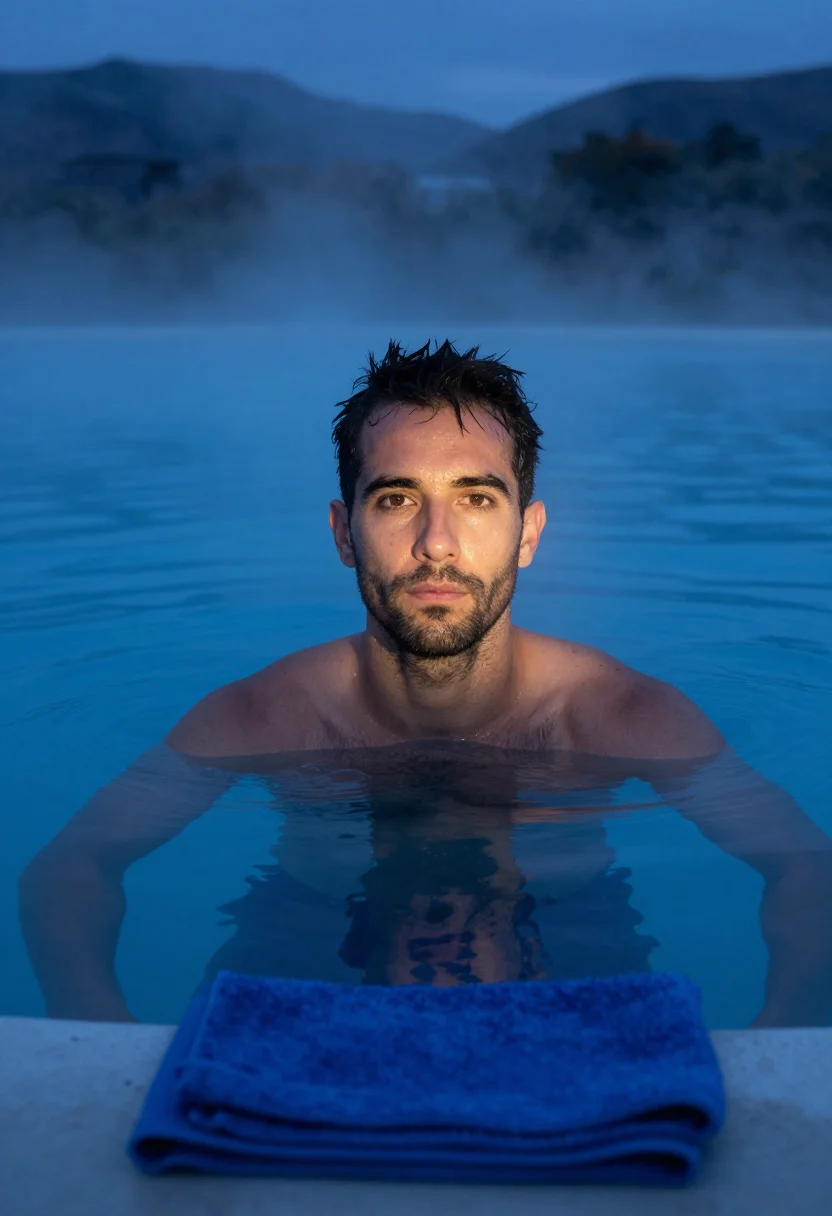 AI hofsos pool january fjord blue sample — portrait of a man, framed half-length from the head to the w