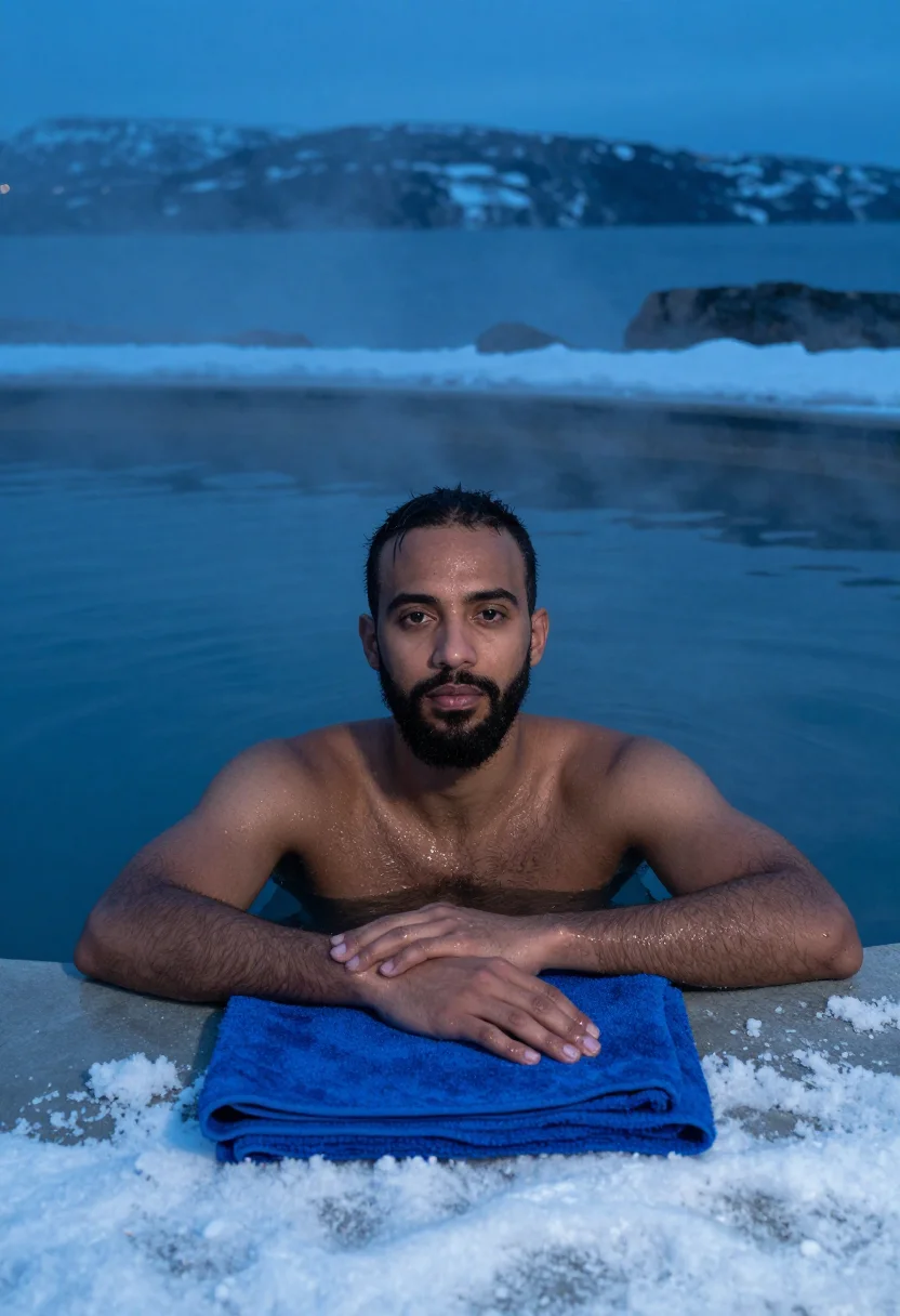 AI hofsos pool january fjord blue sample — portrait of a man, framed half-length from the head to the w