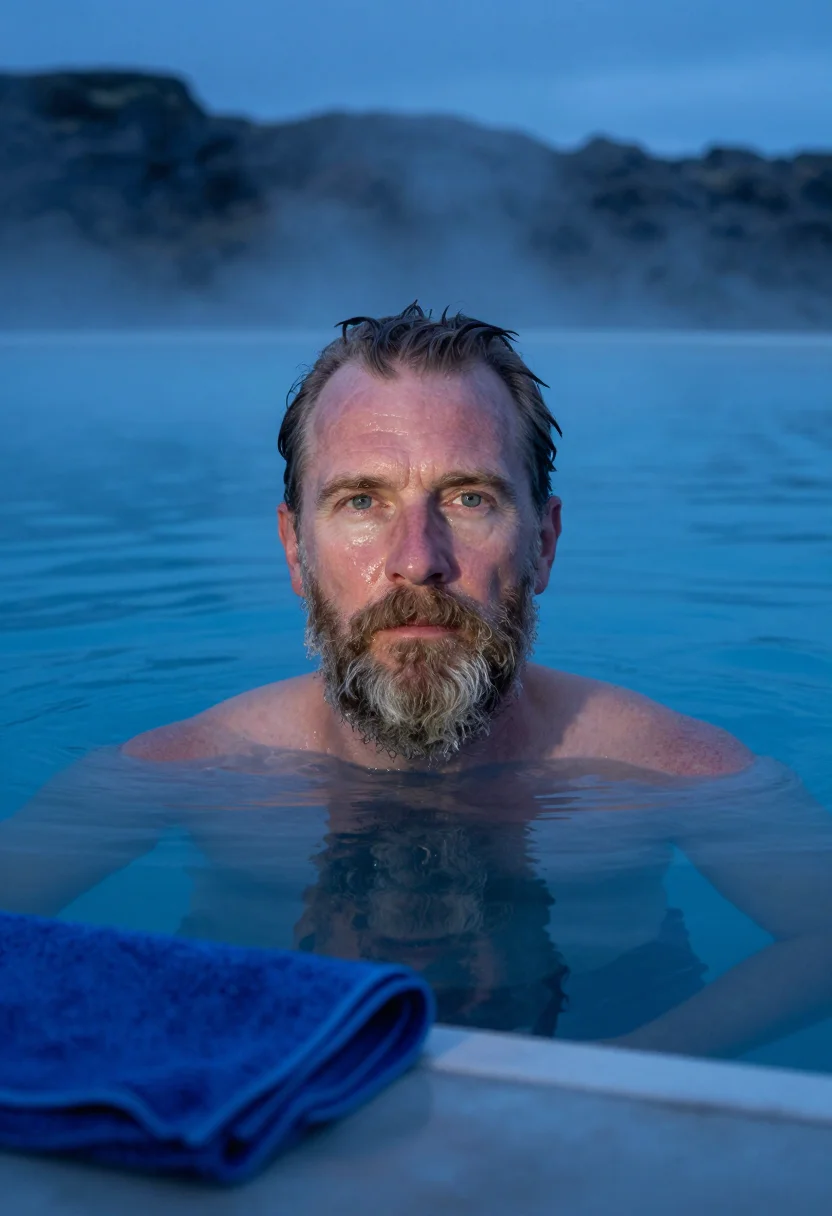 AI hofsos pool january fjord blue sample — portrait of a man, framed tight, head and shoulders, the bod