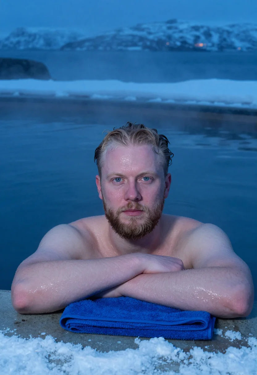 AI hofsos pool january fjord blue sample — portrait of a man, framed tight, head and shoulders, the bod