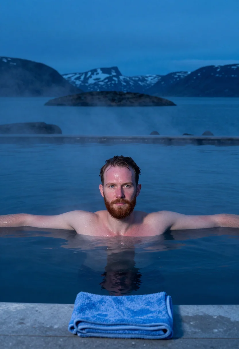 AI hofsos pool january fjord blue sample — portrait of a man, framed wide from the head down past the w