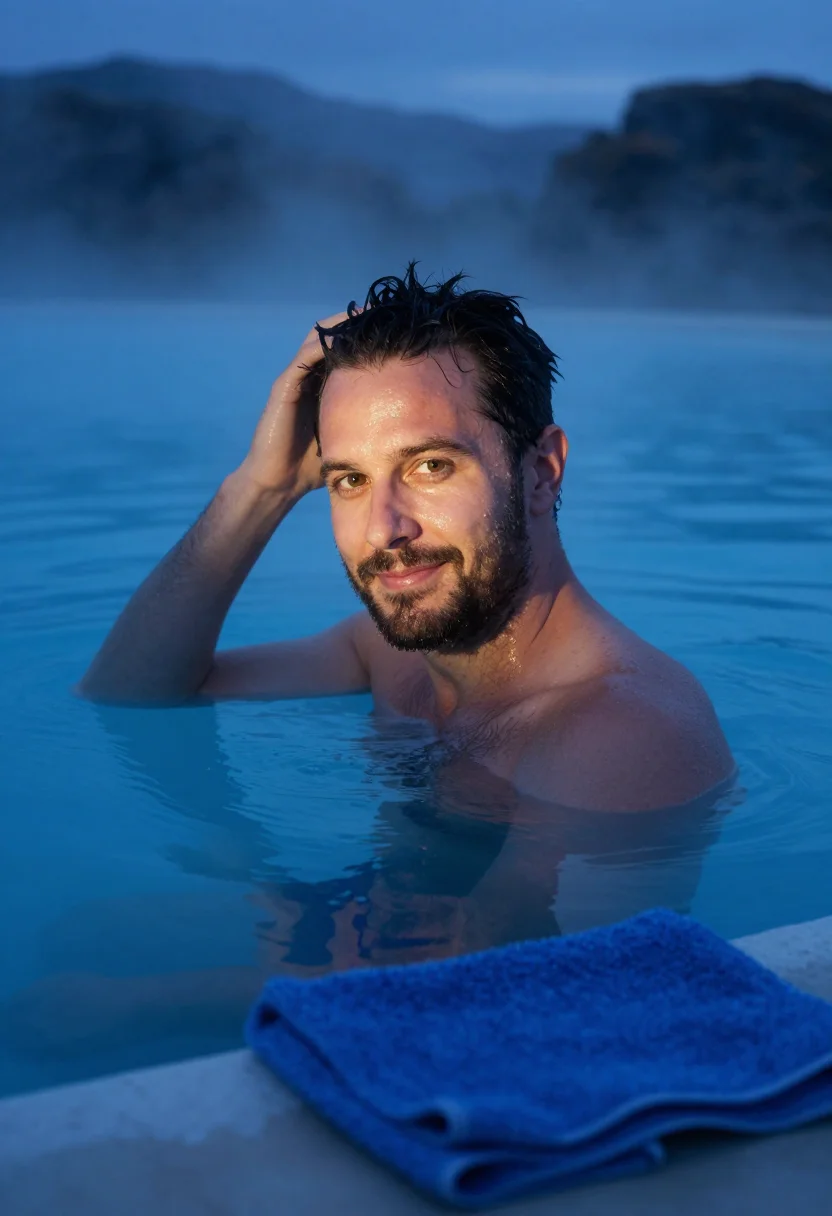AI hofsos pool january fjord blue sample — portrait of a man, framed chest-up, cropped at the ribs, the