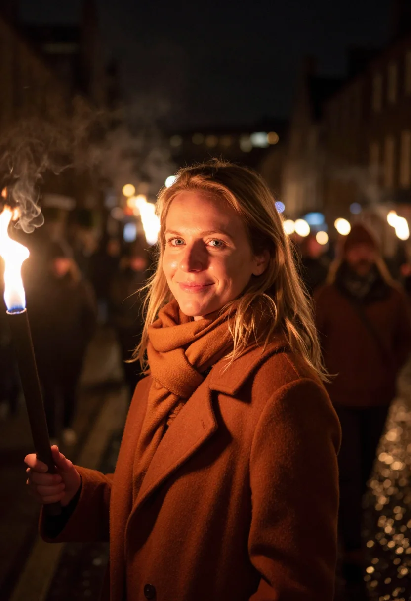 AI hogmanay torchlight amber sample — portrait of a woman, framed head and shoulders, tighter, the