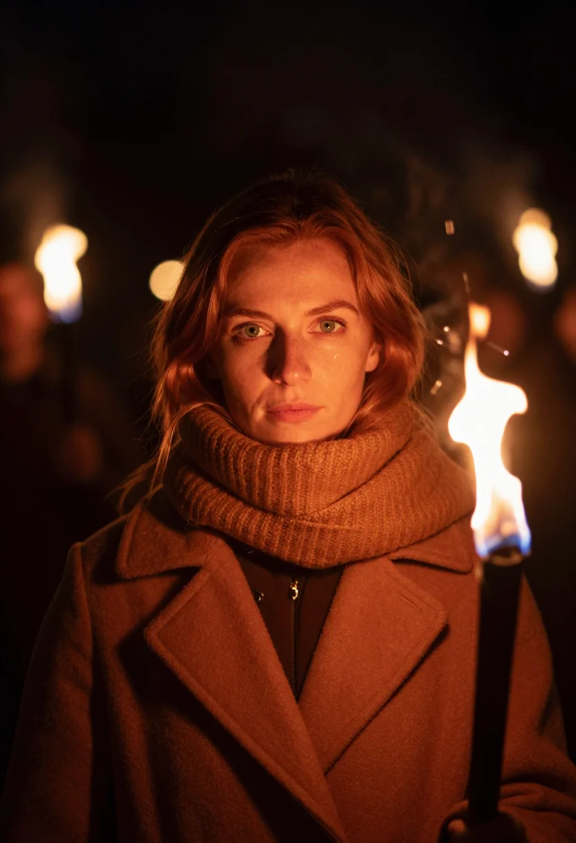 AI hogmanay torchlight amber sample — portrait of a woman, framed as a tight headshot from the cro