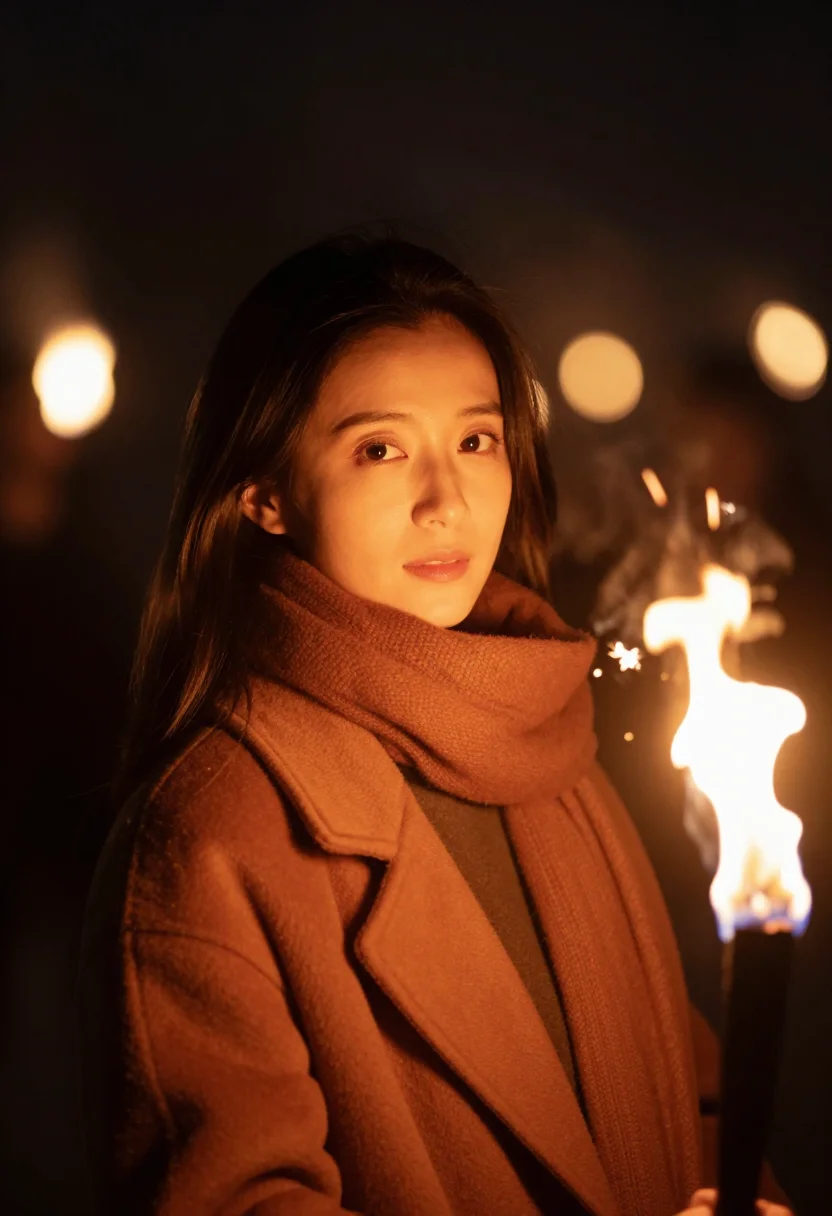 AI hogmanay torchlight amber sample — portrait of a woman, framed head and shoulders, tighter, the