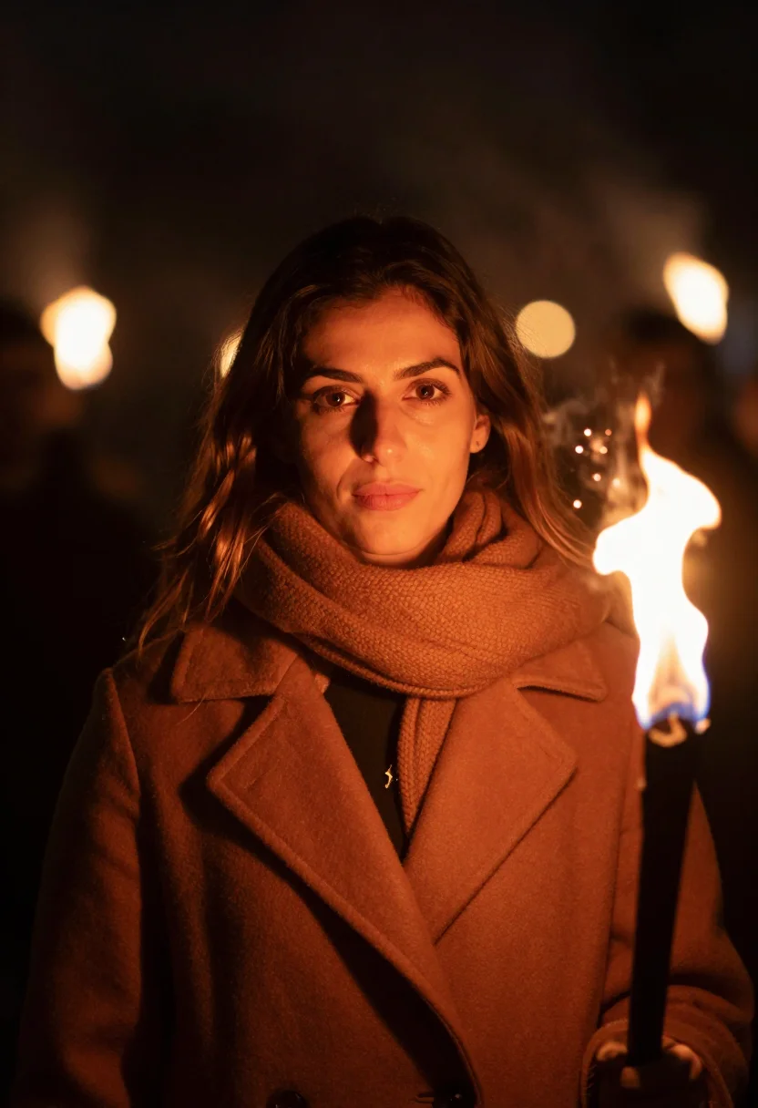 AI hogmanay torchlight amber sample — portrait of a woman, framed chest-up from the ribs with the