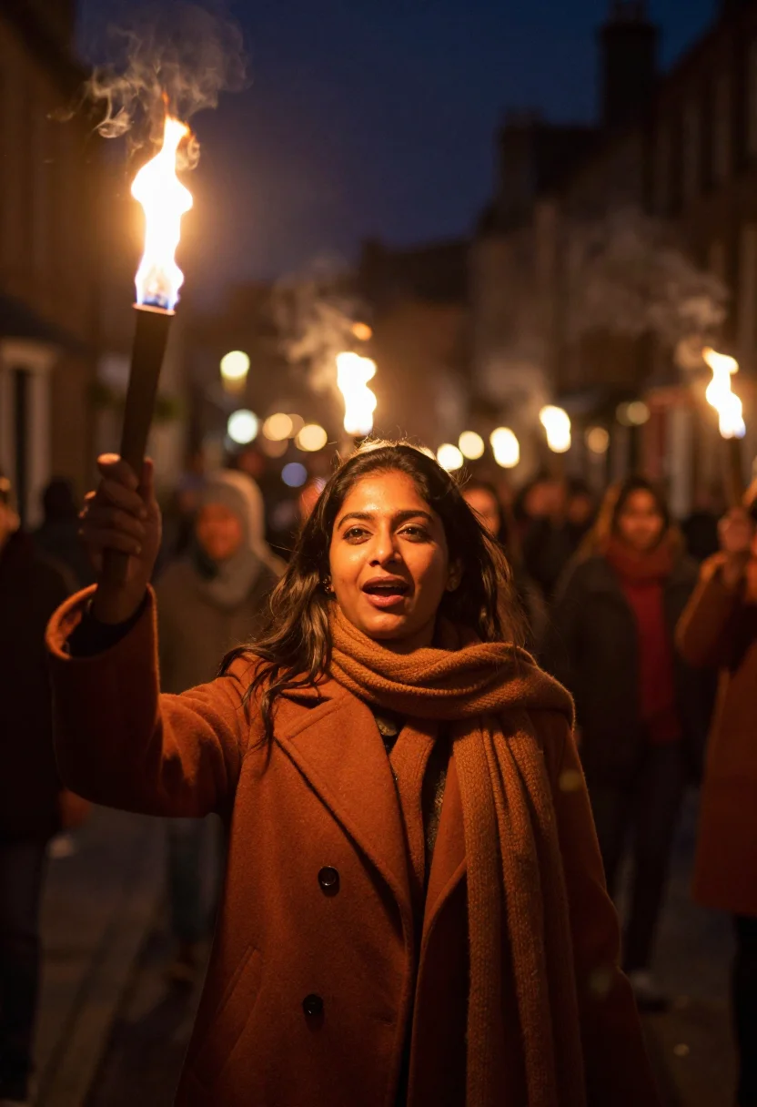 AI hogmanay torchlight amber sample — portrait of a woman, framed chest-up from the ribs with the