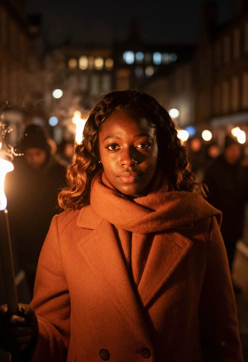 AI hogmanay torchlight amber sample — portrait of a woman, framed as a tight headshot from the cro