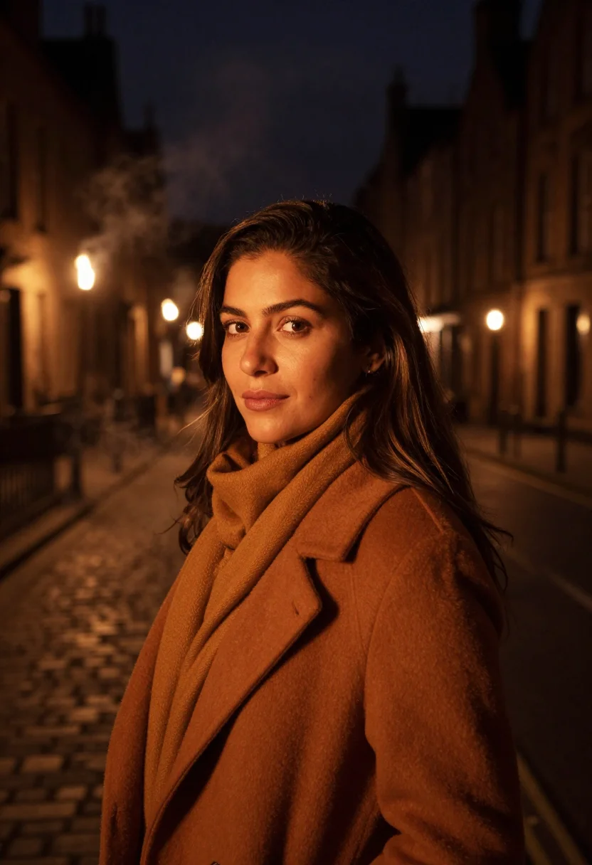 AI hogmanay torchlight amber sample — portrait of a woman, framed as a tight headshot from the cro