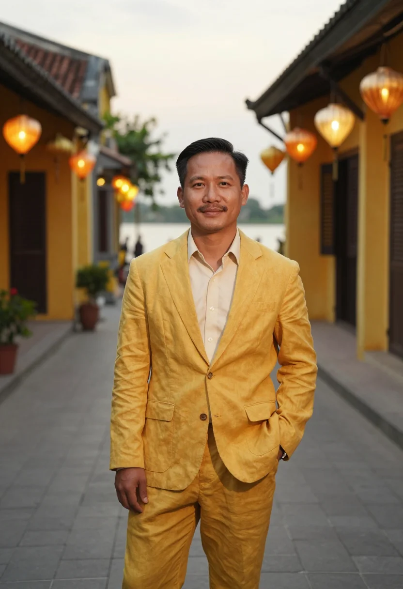 AI hoi an hotelier saffron yellow sample — portrait of a man, a hotelier in his early forties of Vietna