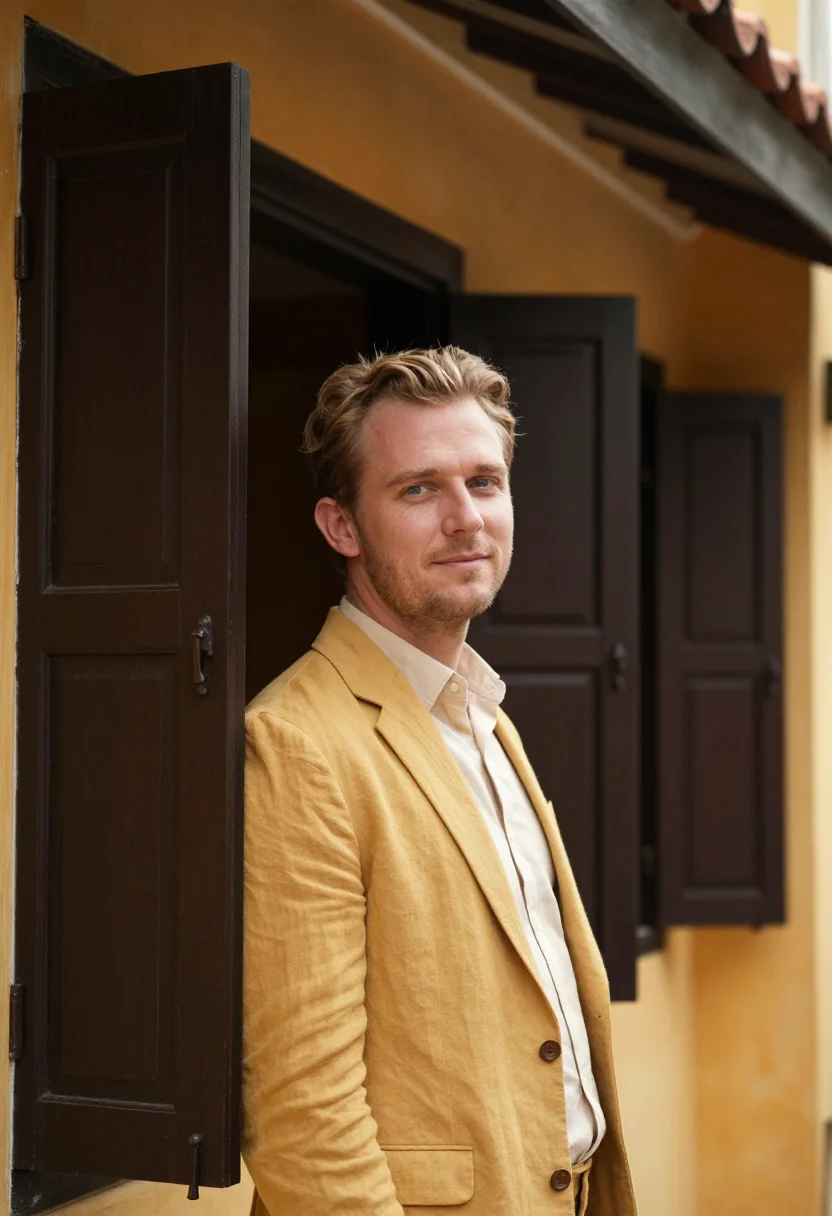 AI hoi an hotelier saffron yellow sample — portrait of a man, a hotelier in his early thirties of Engli