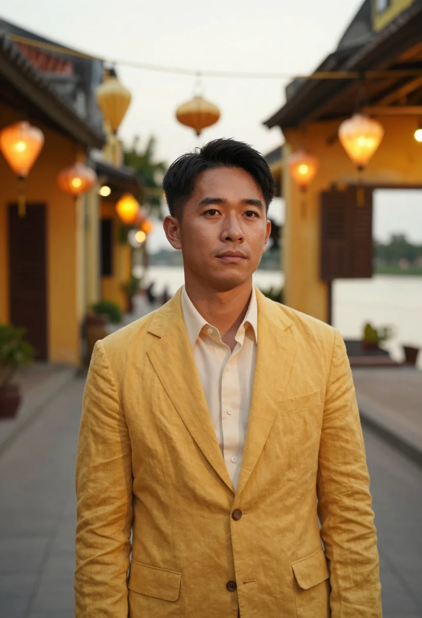 AI hoi an hotelier saffron yellow sample — portrait of a man, a hotelier in his late thirties of Japane