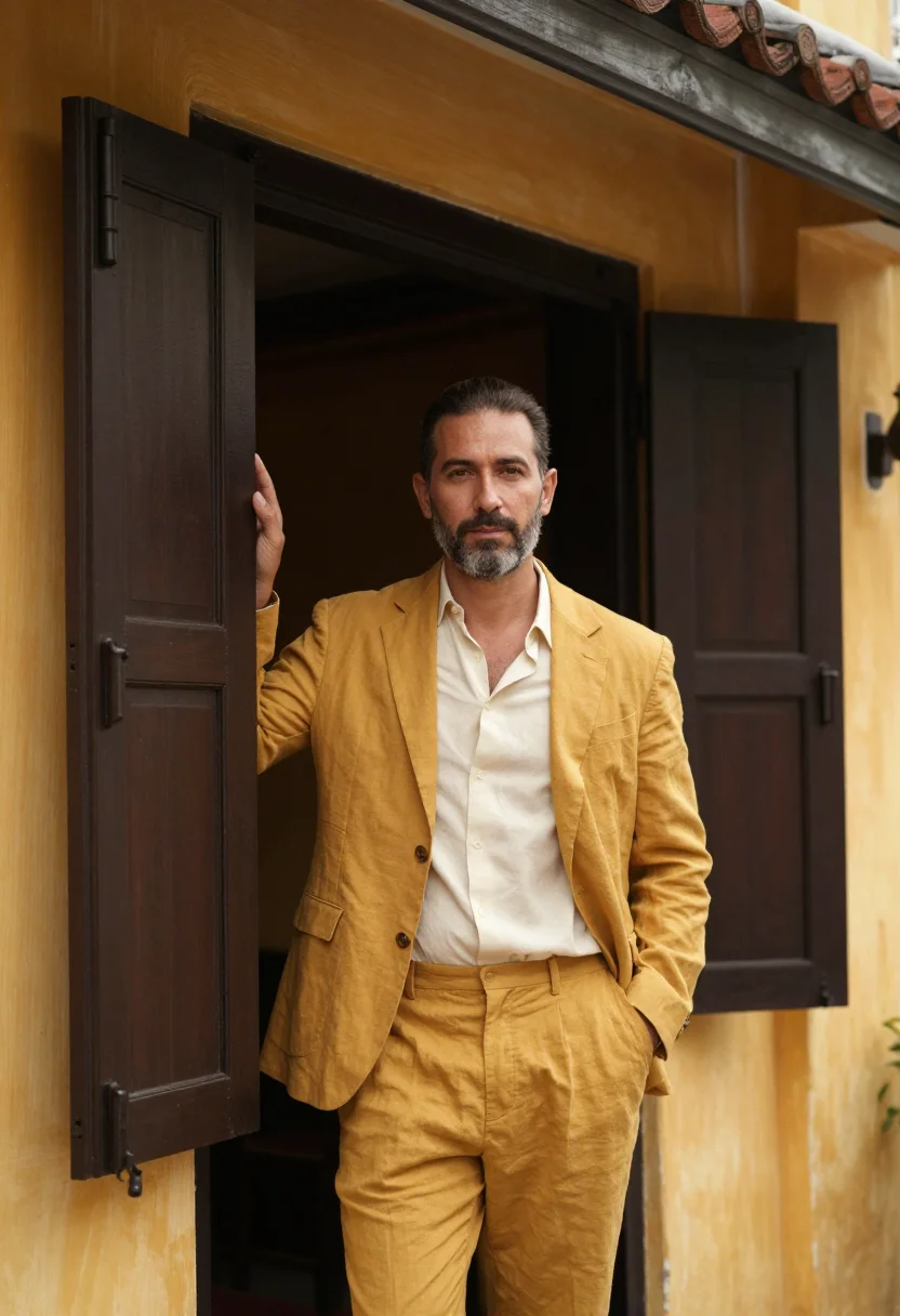 AI hoi an hotelier saffron yellow sample — portrait of a man, a hotelier in his late forties of Italian