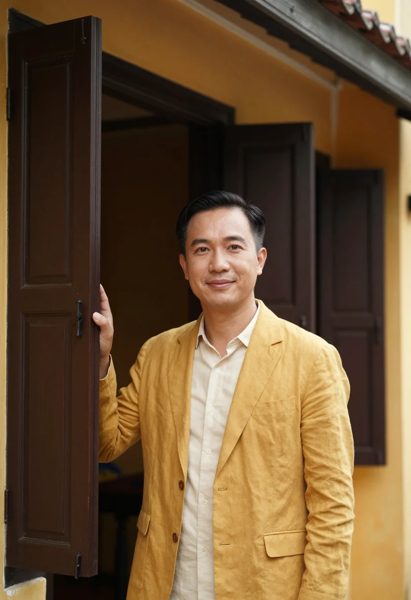AI hoi an hotelier saffron yellow sample — portrait of a man, a hotelier in his mid-forties of Chinese