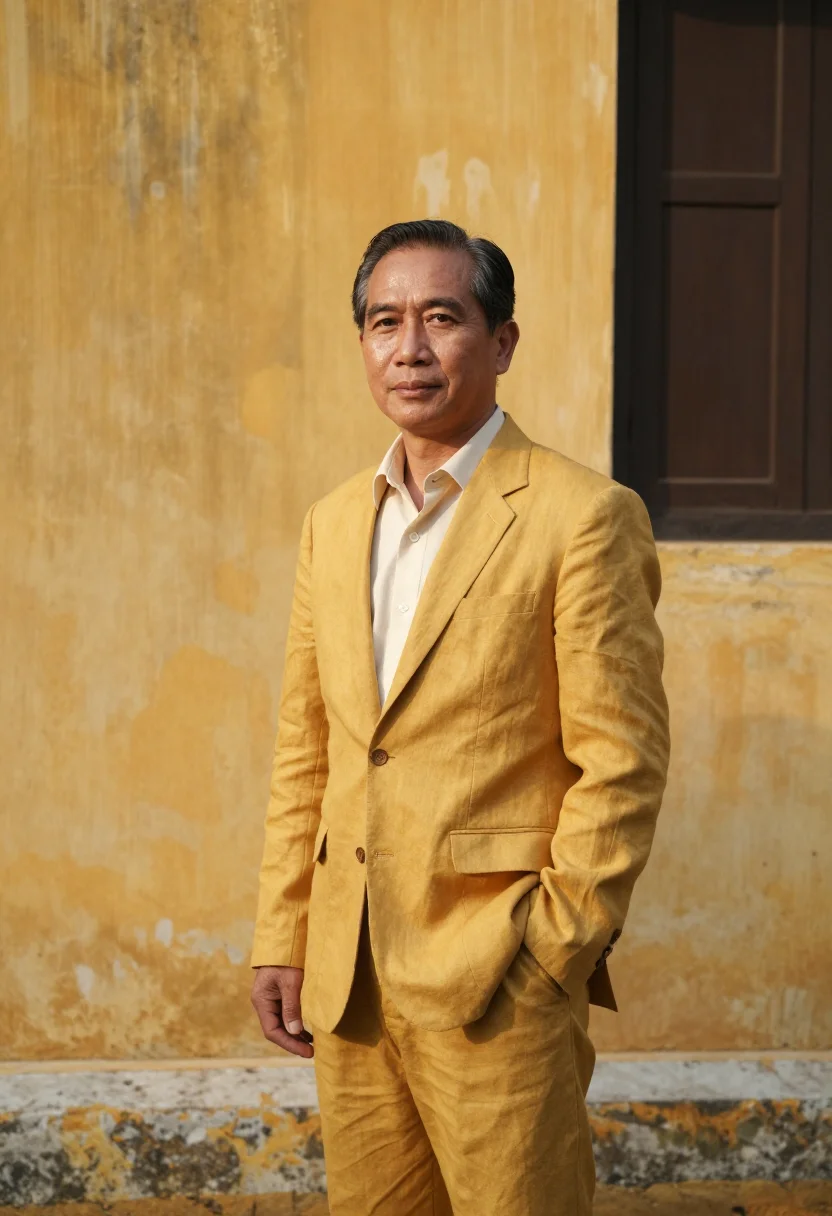 AI hoi an hotelier saffron yellow sample — portrait of a man, a hotelier in his fifties of Vietnamese d