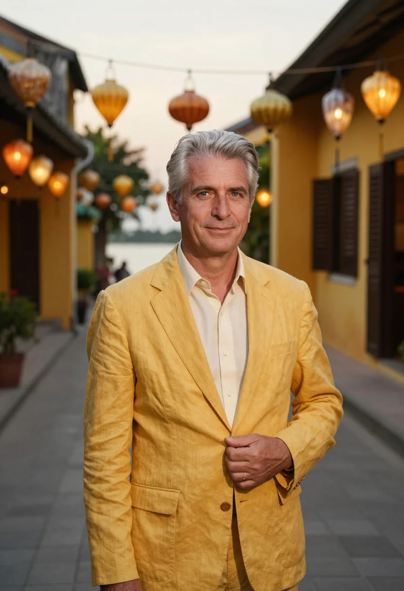 AI hoi an hotelier saffron yellow sample — portrait of a man, a hotelier in his sixties of German desce