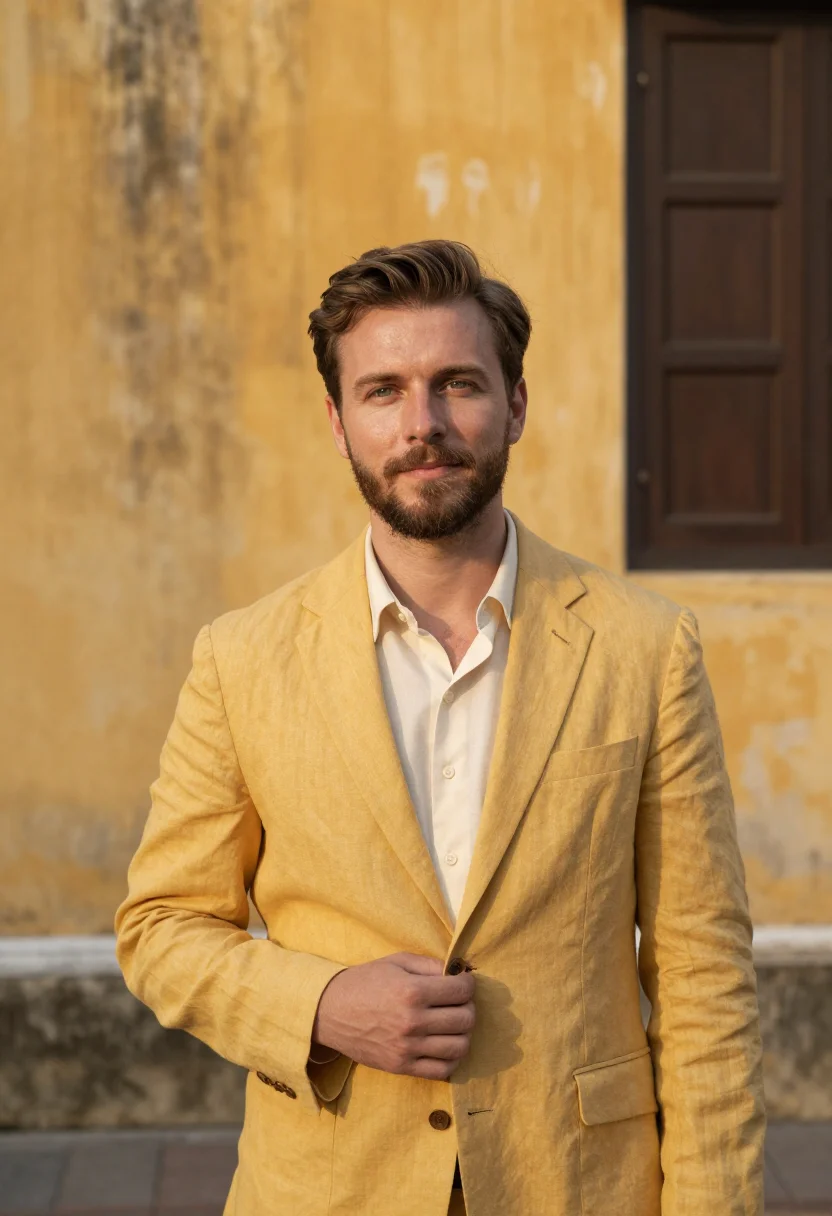 AI hoi an hotelier saffron yellow sample — portrait of a man, a hotelier in his late thirties of French