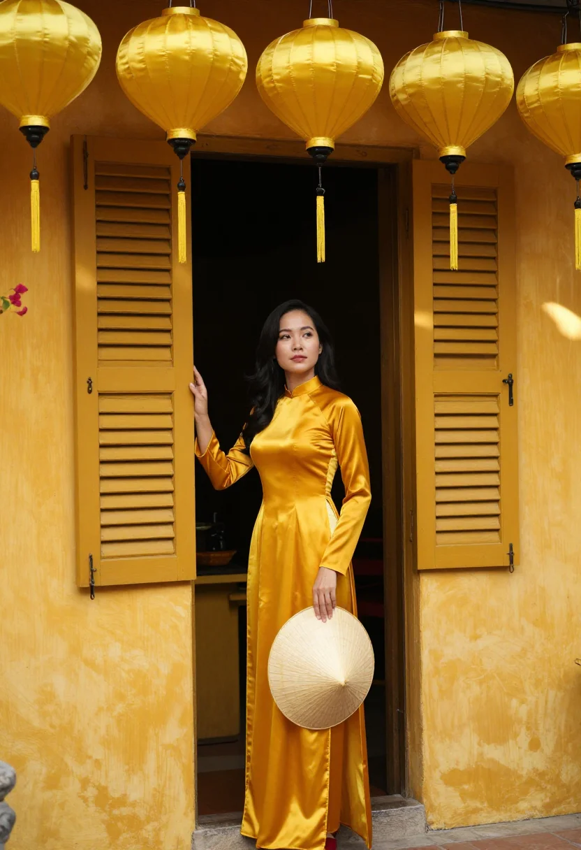 AI hoi an yellow sample — portrait of a woman, a Vietnamese woman in her mid-twenties