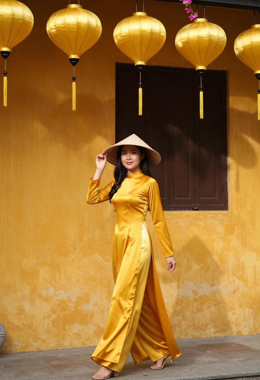 AI hoi an yellow sample — portrait of a woman, a Vietnamese woman in her mid-twenties
